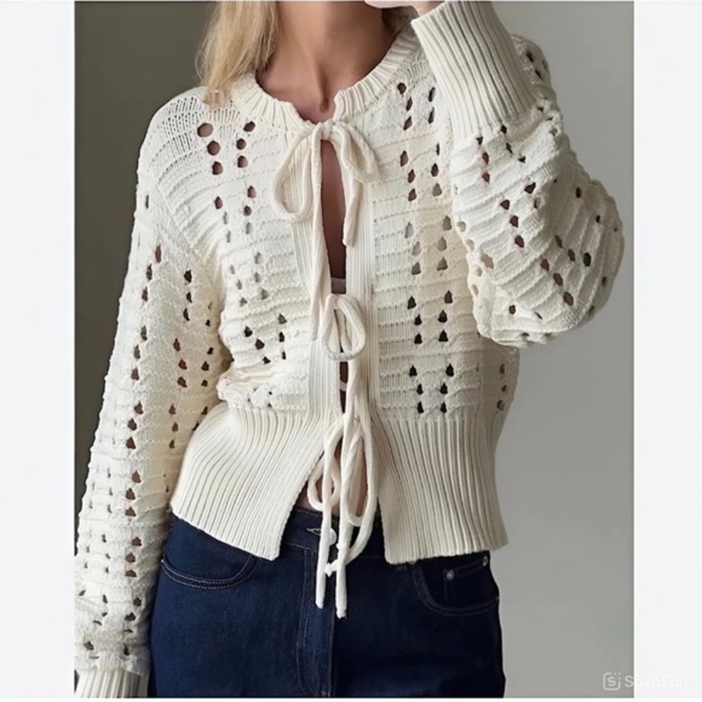 Jessica Simpson cream fishnet fisherman crochet mesh front tie cardigan NWT SzM